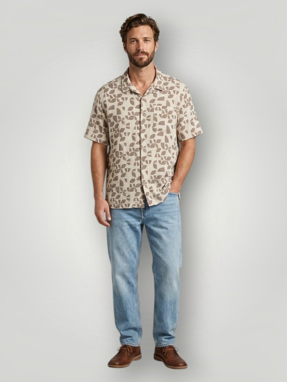 Eddie Bauer Men's XL Camp Collar Shirt Cotton Gauze Geometric Print Button Up